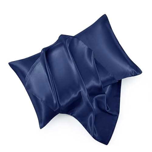 HommxJF Navy Blue Satin Pillowcase Standard Set of 2 with Envelope Closure,Navy Blue Silk Pillowcase for Hair and Skin (20x26)