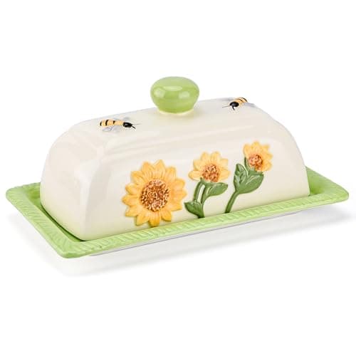 Fungi Fun Ceramic Butter Dish with Lid for Countertop – Decorative Sunflower and Mushroom Design, Unique Sunflower Kitchen Accessories, Cute Butter Dish with Cover for Countertop, Holds 2 Sticks