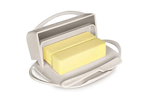 Butterie Flip Top Butter Dish with Attached Lid & Matching Knife - Holds 2 Sticks, Fits Kerrygold/European Butter - BPA Free & Dishwasher Safe - Ivory