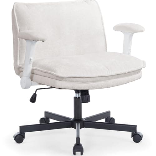 FanciSpot Cross Legged Office Chair with Wheels and Adjustable Flip-Arms, Criss Cross Desk Chair with Thick Cushion, Wide Seat Office Chair for Home Office, Apartment, Bedroom, Beige