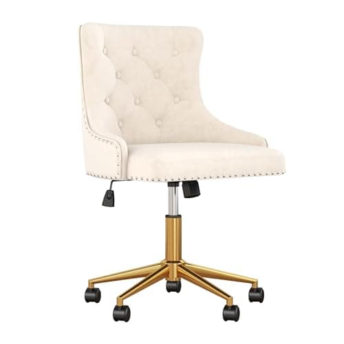 Velvet Armless Home Office Desk Chair, Swivel Height-Adjustable Small Cute Vanity Chair for Women/Girls, Comfy Makeup Chair with Rivet and Gold Base for Living Room, Bedroom(Beige)