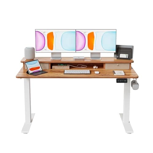 BANTI 55x24 Inch Electric Standing Desk with Double Drawers, Adjustable Height Stand Up Desk, Sit Stand Home Office Desk with Storage Shelf, Light Rustic Brown Top