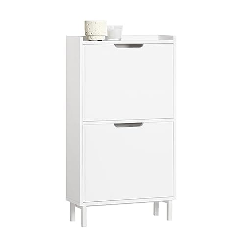 Haotian Slim Shoe Cabinet Entryway, Narrow Shoe Rack with 2 Flip-Drawers, White Shoe Organiazer Hallway, Hidden Shoe Storage Cupboard Entrance, FSR151-W