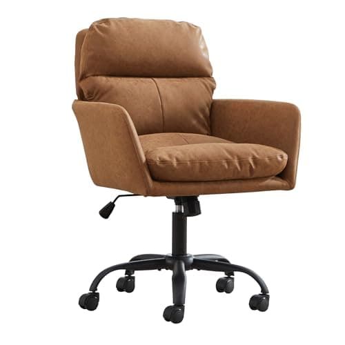 YISHENG Faux Leather Home Office Desk Chair, Adjustable Swivel Computer Chair with Wheels and Arms, Comfy Upholstered Ergonomic Task Chair,Vanity Chair,Brown