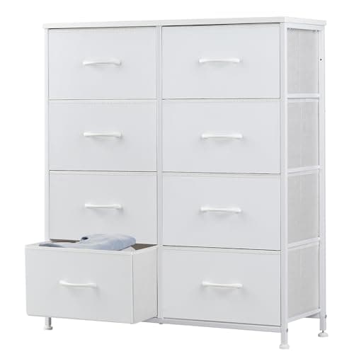 DUMOS Dresser for Bedroom with 8 Fabric Drawers, Tall Chest Organizer Units for Clothing, Closet, Kidsroom, Storage Tower with Cabinet, Metal Frame, Wooden Top, Lightweight Nursery Furniture, White
