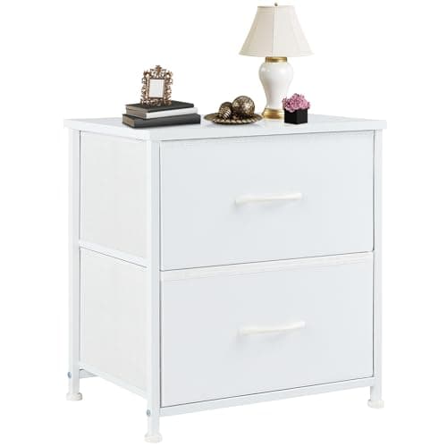 DUMOS Nightstand Small Dresser with 2 Fabric Drawers Side Tables Bedroom End Table Kids Bedside Storage Furniture for 20 inch Tall Night Stand for Closet, Entryway, College Dorm, White