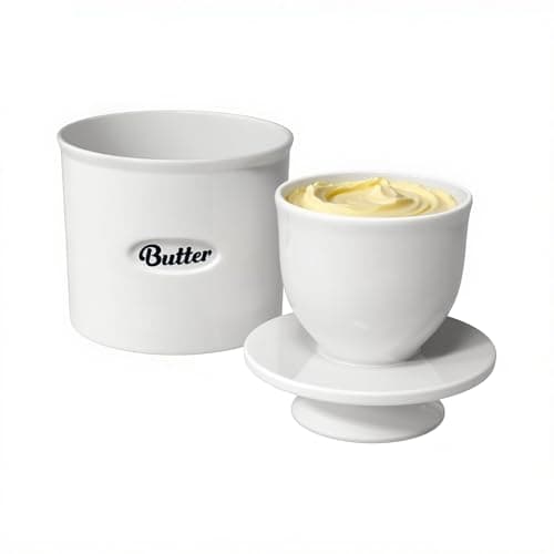 Rucoreon French Ceramic Butter Crock with Lid, 8.45oz Inverted Water Seal Butter Keeper for Soft, Spreadable Butter at Room Temperature, Lead-Free Dishwasher Safe