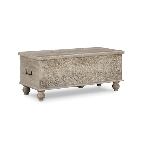 Signature Design by Ashley Fossile Ridge Boho Carved Wood Storage Bench with Hinge Top, Beige