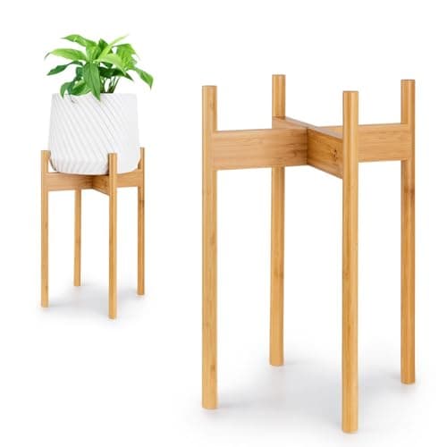 Fox & Fern Mid Century Tall Plant Stand — 10 Inch Fixed Size Raised Bamboo Plant Stand for Indoor Pots (Not Included) - Modern Flower Pot Holder with Plug In Design - Easy to Assemble - Bamboo