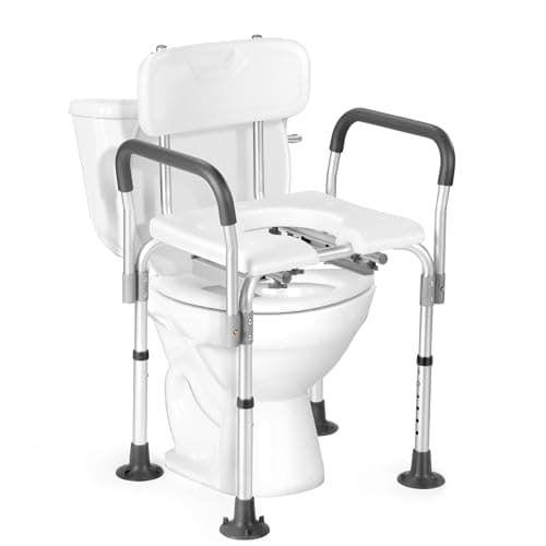 Rengue Bedside Commode, Heavy Duty Padded Drop Arm Commode Chair for Toilet Porta Potty for Adult and Seniors, Height Adjustable Bedside Toilet with Removable Pail, White