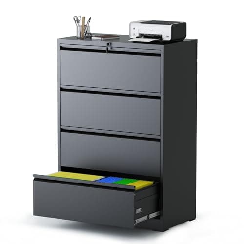 AQY 4 Drawer File Cabinet with Lock,Metal Lateral File Cabinets for Home Office,Steel Wide Filing Organization Storage Cabinets for Hanging Files Letter/Legal/F4/A4 Size Assembly Required(Black)