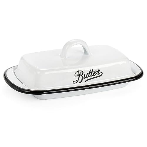 Suwimut Enamel Butter Dish with Lid, Vintage Enamelware White Butter Tray Black Rim Butters Holder, Unbreakable Metal Butters Keeper Container with Cover for Countertop, Refrigerator
