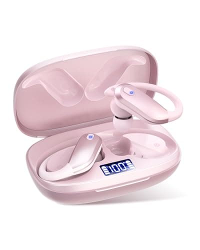 Bluetooth Earbuds with Earhooks 48H Playtime,IPX7 Waterproof Wireless Headphones with Bluetooth 5.3,ENC Noise Cancelling Mic,Lightweight Fit for Office,Travel Gym Daily Style (Pink)