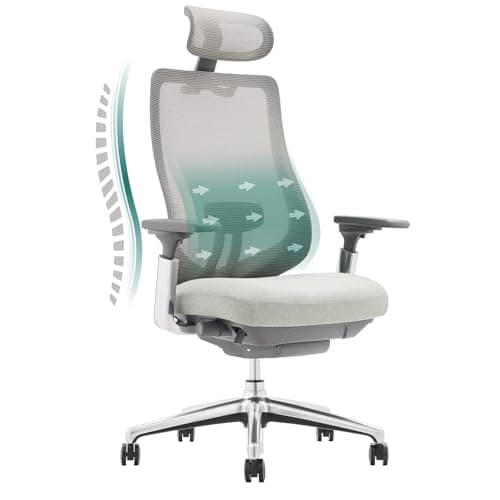 COLAMY Ergonomic Mesh Office Chair, High Back Computer Executive Desk Chair with Adjustable Headrest and 4D Arms, Slide Seat, Tilt Lock-Light Grey