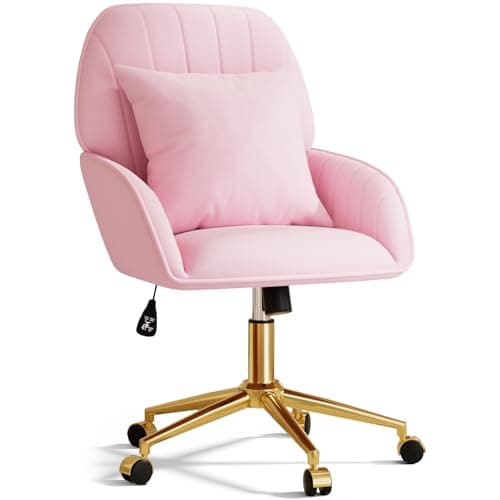 Pink Velvet Desk Chair with Pillow, Upholstered Home Office Desk Chair Makeup Vanity Chair with Swivel Wheels, Ergonomic Office Chair Computer Task Chair for Living Room, Bedroom