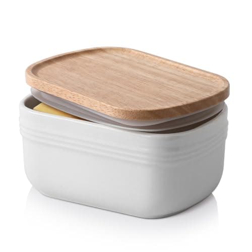 DOWAN Ceramic Butter Dish, Extra Large Butter Keeper for Countertop or Fridge, Airtight Butter Container with Wooden Lid, Farmhouse Kitchen Decor and Accessories, Freezer Safe, Soft White