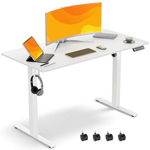 VVENACE 48 x 24 Inch Electric Standing Desk Adjustable Height, Sit Stand Desk with Wheels, Stand up Desk for Home Office, Computer Workstation (Spliced Desktop,White)