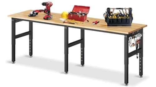 MUWOOD 96”Adjustable Work Bench, 5000 LBS Capacity Heavy Duty Workbench with Power Outlet & Pegboard, Rubber Wood Work Table for Garage, Workshop, Office, Home