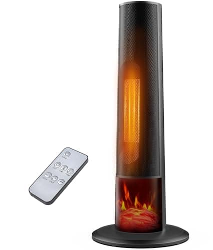 Rellytech Tower space heater with fireplace - Electric Space Heater Large Room with 3D Flame, Portable Tower Space Heaters for Office, Bedroom, 2 Modes, Thermostat, Tip-over Protection, Oscillation