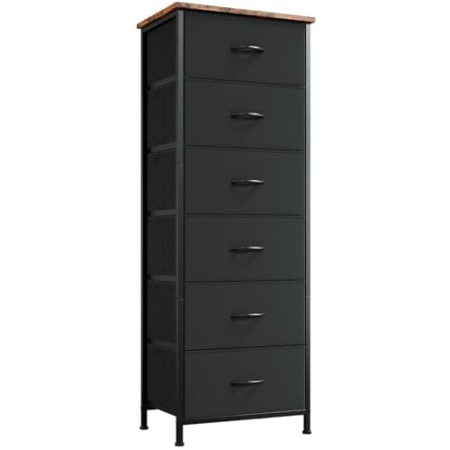 Somdot Tall Dresser for Bedroom with 6 Drawers, Storage Organizer Chest of Drawers with Removable Fabric Bins for Closet Bedside Living Room Laundry Entryway Hallway, Black Rustic Brown
