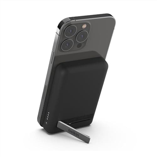 Belkin Portable Charger, Wireless Power Bank 5000 mAh MagSafe Charger 7.5W, Built-in Pop-up Kickstand - Compatible w/iPhone 17, Air, Pro, ProMax, AirPods, Apple Watch, Google Pixel 10, etc. - Black
