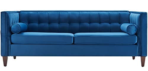 Dreamsir 58'' W Velvet Sofa, Mid-Century Love Seats Sofa Furniture with Bolster Pillows, Button Tufted Couch for Living Room, Tool-Free Assembly (Loveseat, Navy Blue)