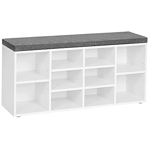 VASAGLE CUSTOS Collection - Shoe Bench, Storage Bench with Padded Seat, Entryway Bench with 10 Compartments, for Bedroom, 11.8 x 40.9 x 18.9 Inches, Cloud White and Dove Gray ULHS010W01