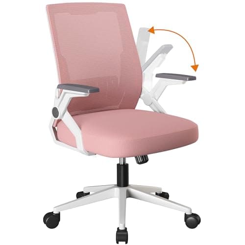 COMHOMA Office Chair with Flip-up Armrests Ergonomic Computer Desk Chair with Adaptive Lumbar Support, Breathable Mesh Swivel Tilt Task Study Chair with Wheels for Home, Bedroom, Pink