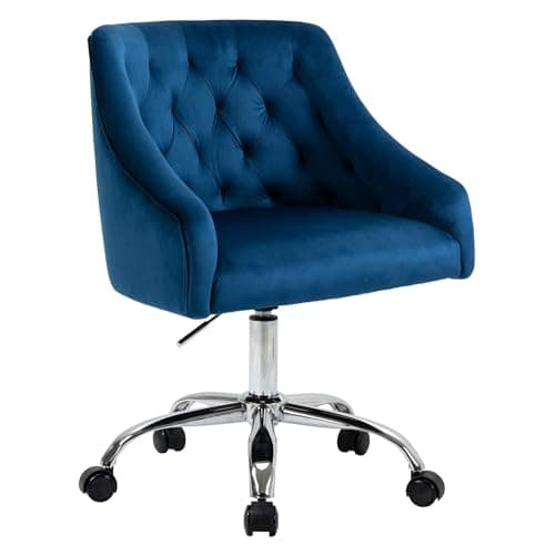 MOJAY Velvet Office Swivel Chair, Vanity Fabric Desk Pretty Fancy Gold Office Chairs for Girls, 360°Swivel Height Adjustable Reception Chair (Navyblue)