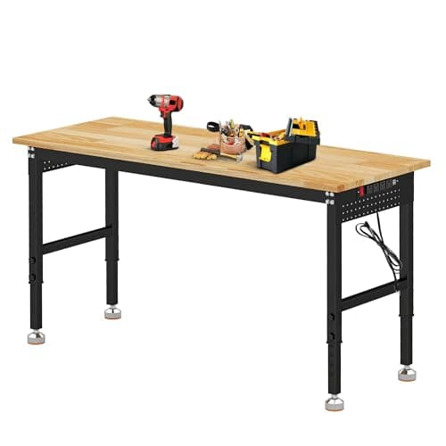 Betterhood Adjustable Height Workbench, 60" Rubber Wood Top Heavy Duty Workstation with Power Outlets, 2000 LBS Load Capacity Hardwood Worktable for Workshop, Garage, Office, Home, Commercial