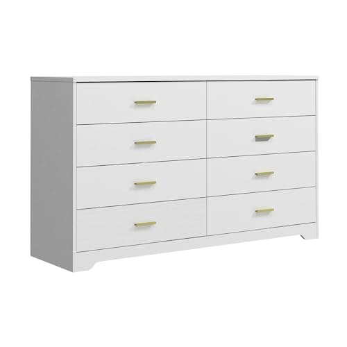 Panana 8 Drawer Wood Lateral Dresser, Big Wide Chest of Drawers Storage Organizer with Metal Gold Handles Home Bedroom (White)