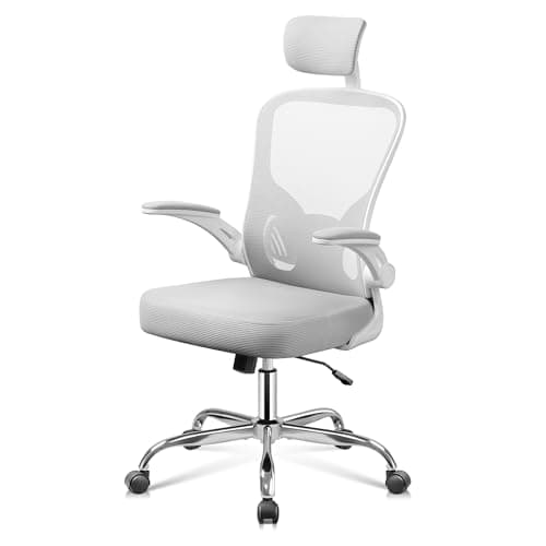 DEVAISE Office Chair, High Back Mesh Ergonomic Desk Chair with Flip-up Armrests, Adjustable Headrest and Lumbar Support, White