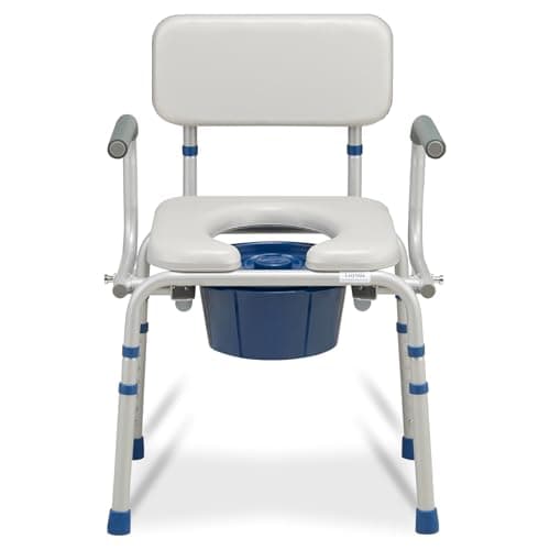 Loyoda FSA/HSA Eligible Padded Bedside Commode for Seniors, Portable Commode Toilet with Duty Drop Arms & Removable Bucket 6.3QT, 400 Lbs Potty Chair for Adults, Grey