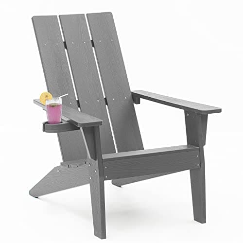 MXIMU Modern Adirondack Chair Weather Resistant with Cup Holder Oversized Fire Pit Chairs Adorondic Plastic Outdoor Chairs for Firepit Area Seating (Grey)