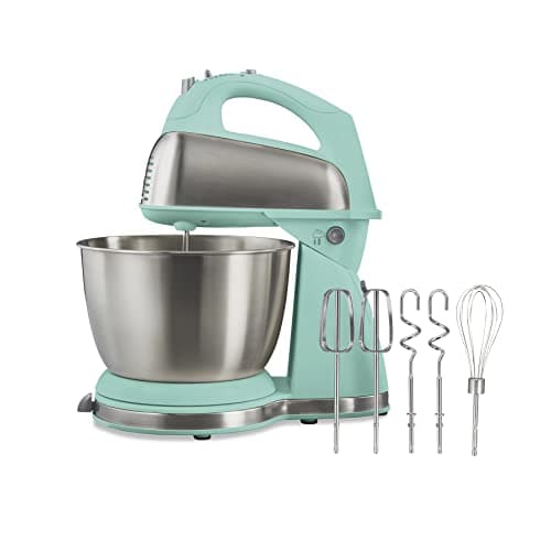 Hamilton Beach Classic Stand and Hand Mixer, 4 Quarts, 6 Speeds with QuickBurst, Bowl Rest, 290 Watts Peak Power, Aqua Blue (64658)