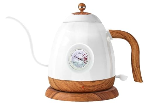 Stainless Steel Gooseneck Electric Kettle with Thermometer, BPA Free, Auto Shut-off, 1000W-0.8L, White - Ideal for Pour-over Coffee & Tea