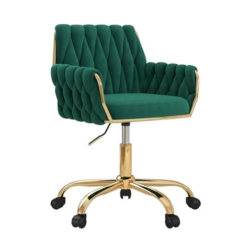 Gentlemoods Velvet Home Office Chair, Modern Height Adjustable Cute Vanity Chair, 360° Swivel Makeup Chair Desk Chair with Golden Base and Hand Woven Backrest for Bedroom/Study/Vanity(Green)