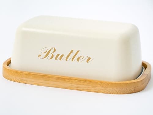 Plexon Butter Dish with Lid, Wooden Butter Tray Airtight Bamboo Butter Plate for Refrigerator, Butter Holder for Countertop, Farmhouse Butter Tub with Lid, Metal Butter Container Keeper, Off-White