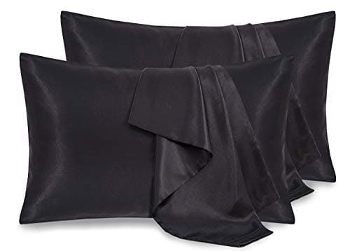 P Pothuiny 4 Pack Satin Pillowcase for Hair and Skin Queen, Black Silk Pillowcase Set of 4, Smooth Silky Pillow Covers for Women, with Envelope Closure (20x30 Inches)