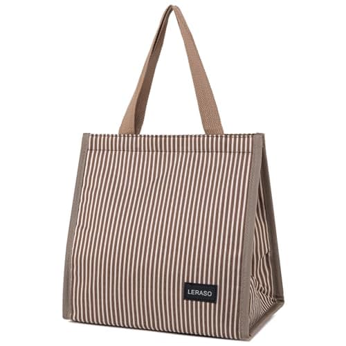 LERASO Insulated Lunch Bag for Work, 10.2"x5.9"x10.2" Oxford Waterproof Lunch Tote, Thermal Lunch Box for Office, Picnic & Outdoor, Pink and White Striped Canvas Tote Bag