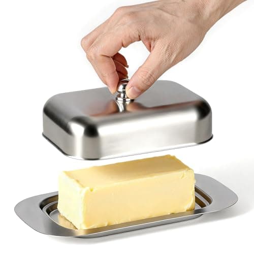 Stainless Steel Butter Dish with Lid and Handle, 7.5" x 5", Fits 2 Standard or European Butter Sticks, Durable & Non-Breakable, Counter & Fridge Safe