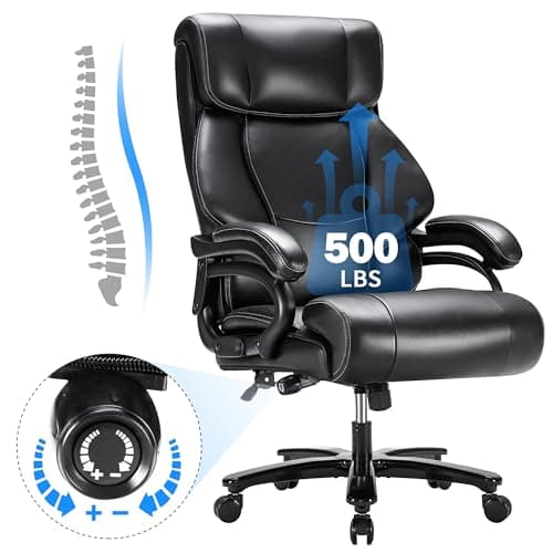 Huatean Home Big and Tall Office Chair 500LBS, Heavy Duty for Long Hours, Office Chair for Heavy People, Ergonomic for Back Pain Relief, One Set of Wheels, Shiny Black