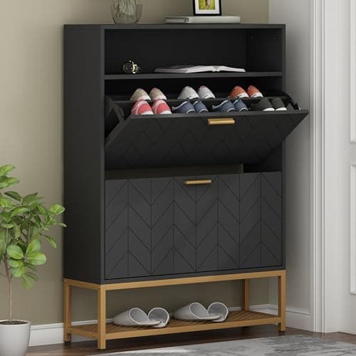 Loomie Free Standing Tipping Bucket Shoe Rack Organizer with 2 Flip Drawers, Narrow Entryway Shoe Storage with Shelf & Top Cubby, Modern Slim Hidden Cabinet with Doors (Black)