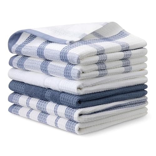 Amazon Basics Organic Cotton Waffle Kitchen Dish Towels - Ultra Absorbent, Quick Drying, Lint-Free, 15 x 25 inches, 6-Pack (4 Navy Strip/Checker, 1 White, 1 Solid Navy)