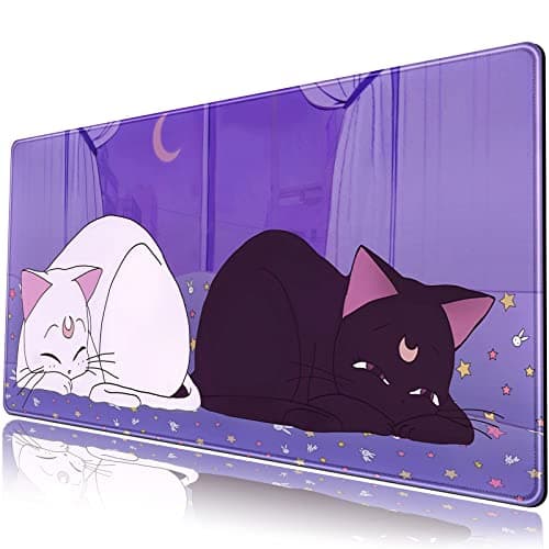 Anime Kawaii Desk Mat Cute Cat Large Mouse Pad XXL Lavender Purple Extended Mousepad Gaming Desktop Mat Laptop Keyboard Mouse Mat Desk Pad 31.5''X15.7'' Non-Slip Rubber Base with Stitched Edges