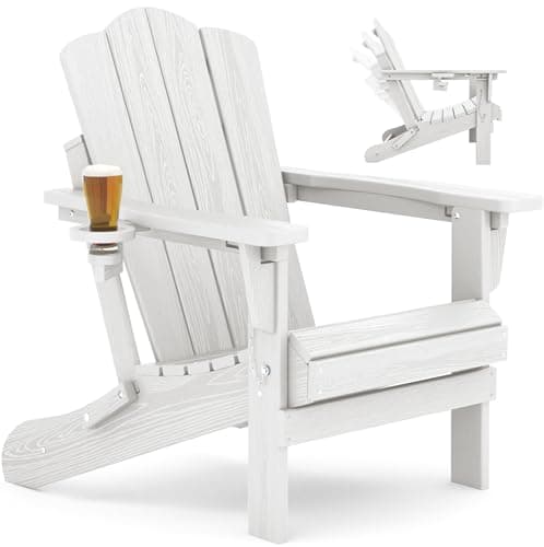 KINGYES Adjustable Folding Adirondack Chair, 3-Position Reclining Adirondack Chairs with Cup Holder, HDPE All-Weather Oversized Adirondack for Outdoor, Patio, Backyard Deck, Fire Pit, White