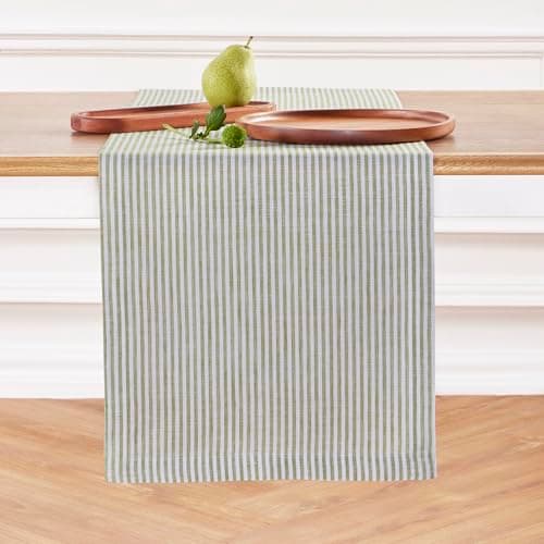 Solino Home Linen Table Runner 48 Inches - Narrow Stripe 100% Pure Linen Avocado and White Farmhouse Table Runner 14 x 48 Inch for Dresser and Coffee Tables - Winter, Spring, St Patricks Day, Easter