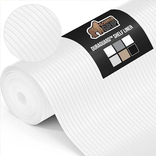 GORILLA GRIP DuraGuard Shelf Liner, Non-Adhesive Cabinet Liners for Kitchen Drawers, Shelves, Refrigerator, Pantry Storage, Bathroom Closet, Durable Waterproof BPA Free Ribbed Plastic, 12x20 White