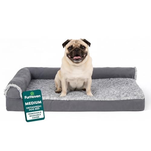 FurHaven Orthopedic Dog Bed for Medium Dogs, L-Shaped Chaise Mattress with Orthopedic Egg Crate & a Solid Orthopedic Foam Base for Joint Support, Washable Cover, Medium, Faux Fur & Suede, Stone Gray