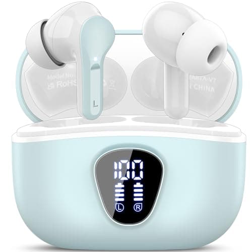 Wireless Earbuds, Bluetooth 5.4 Headphones HiFi Stereo, Bluetooth Earbuds with ENC Noise Cancelling Mic, IP7 Waterproof in Ear Earphones, 48H, LED Display Ear buds for Pad Phones Workout Sports, Azure
